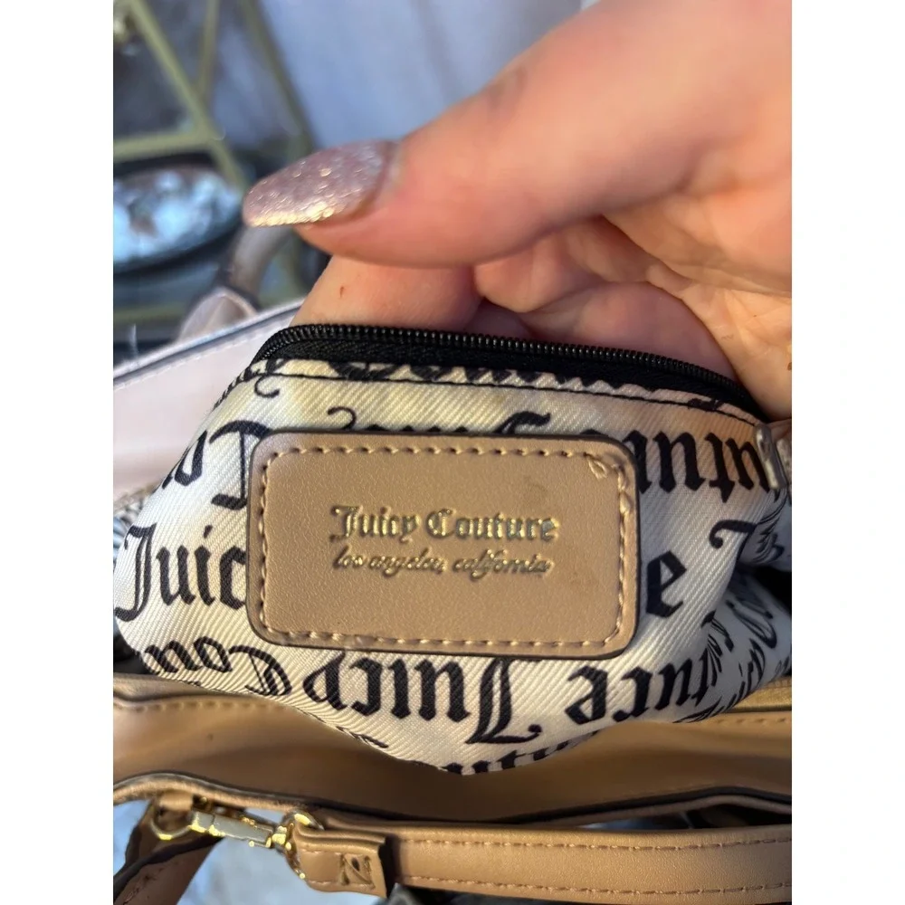 Juicy Couture Monogram Satchel Bag Tan Beige Crossbody‎ Logo Handbag Gold Tone